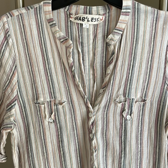 DIAB’LESS tunic - coverup w/ lurex & pale colored stripes. button front closures - Picture 3 of 11